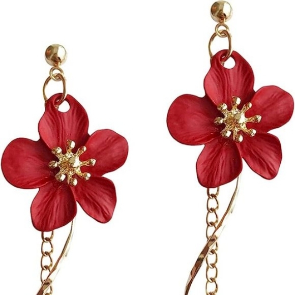 Red Matte Flower Post Earrings 3D Hibiscus Flowers Long Chain Dangles New - Picture 3 of 4